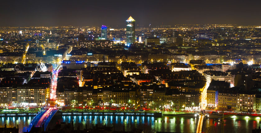 Aerial view of Lyon by night